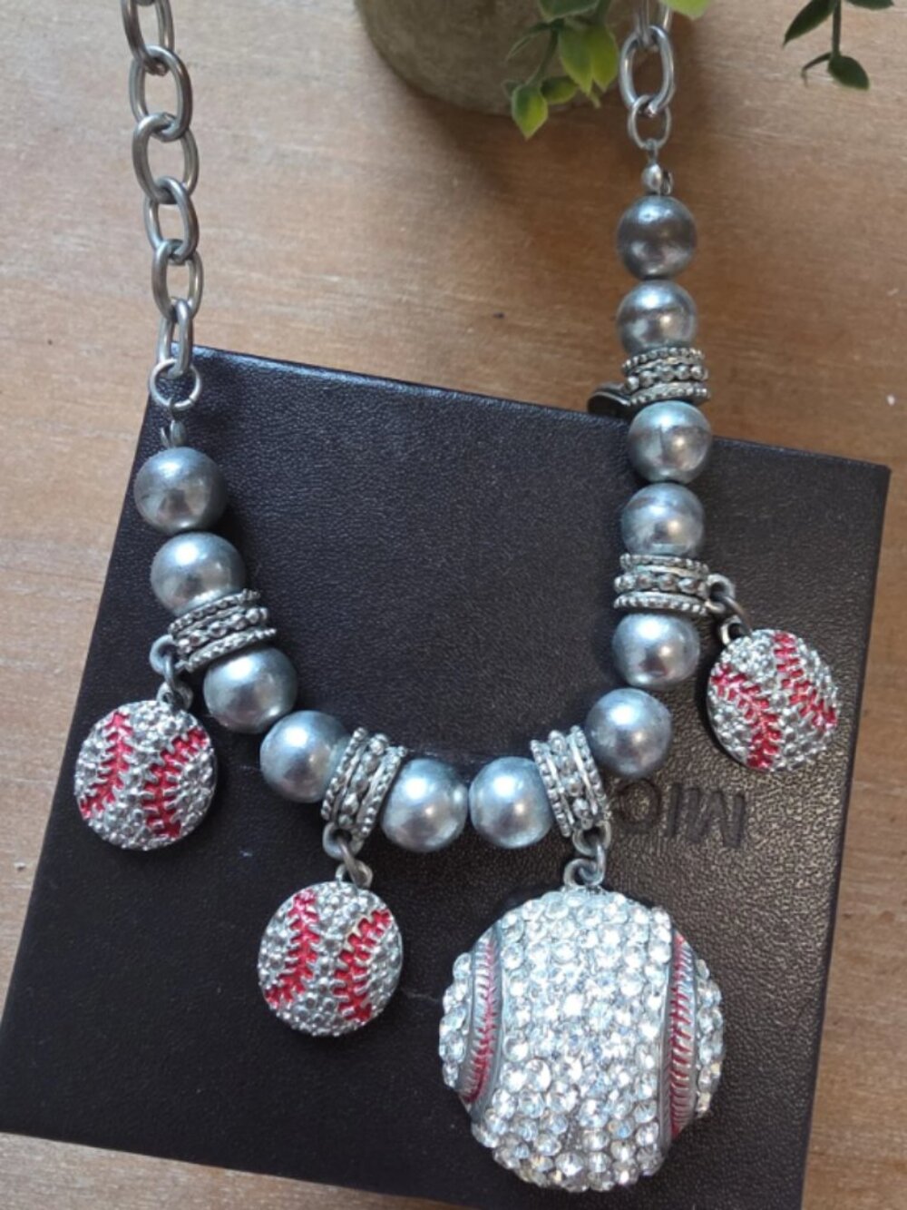 Rhinestone Baseball Charm Statement Necklace - Silver Beaded Description: